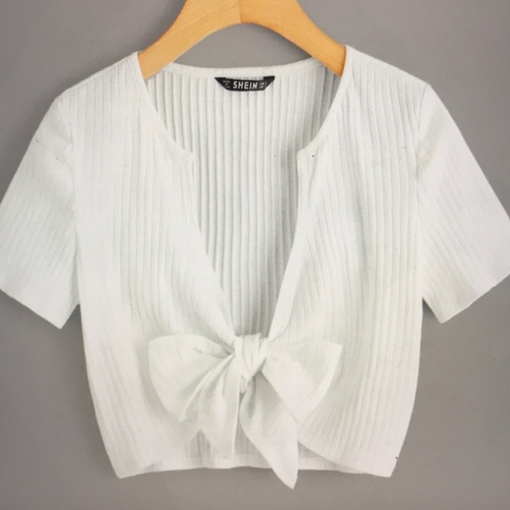 Plunging Neck tie front rib-knit crop top